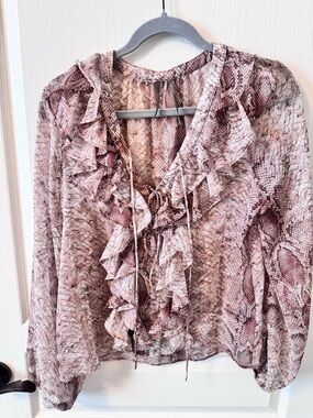 Ruffled Snake-Print Blouse - Dusty Pink/Brown